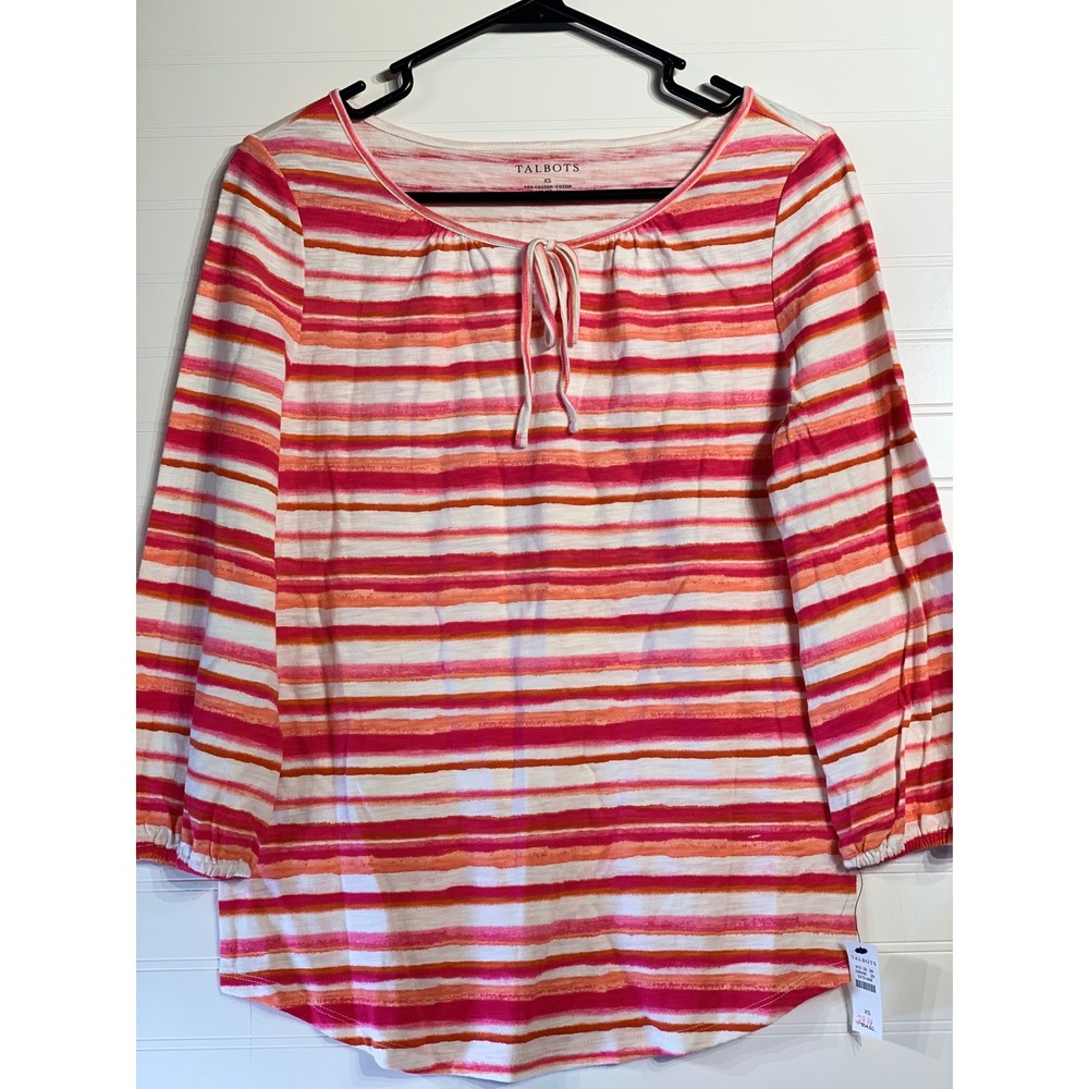 Talbots Striped‎ Tie Neck 3/4 length Sleeve Top Blouse Pink Orange White XS